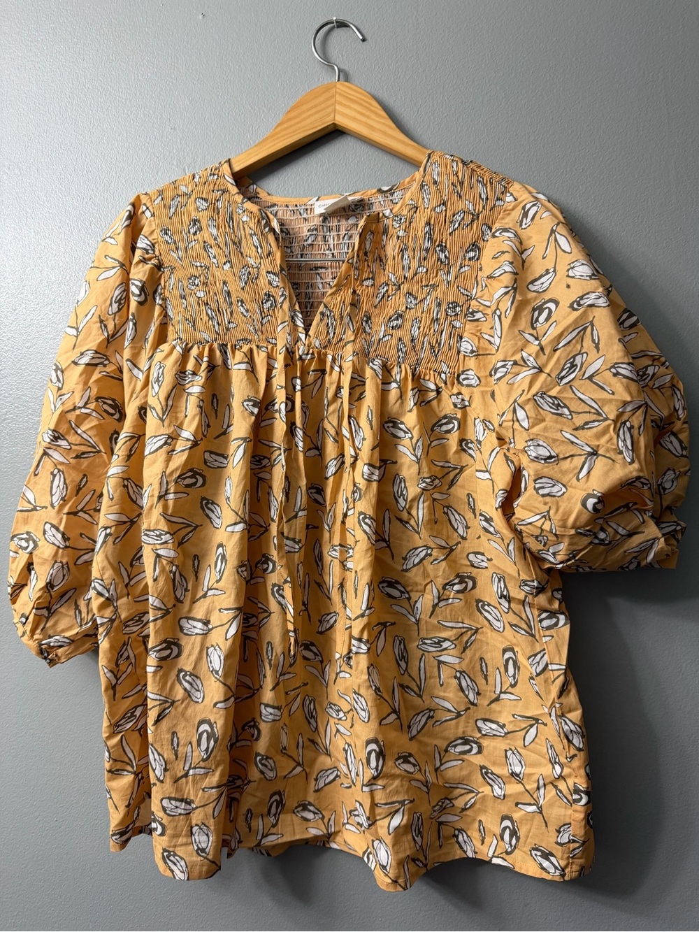 Chicosoul smocked Floral Peasant boho Blouse - Mustard Yellow 1x
